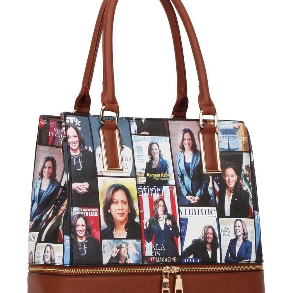 Kamala Harris Brown Leather Satchel with Vibrant Print